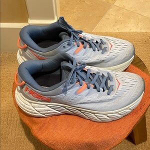 Hoka Light Blue and Coral Athletic Shoes